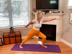 Dani D Mature Yoga Stretch 3 Yellow Leggings And Pink Toe Nails