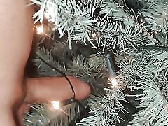 Twink fucks Christmas tree with his thick uncut 6 inch cock
