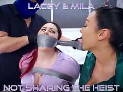 Lacey & Mila - Big Beautiful Woman Bound Tape Gagged And Hot Brunette Babe as well in 2 busty girl Tied in Tape Bondage