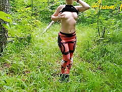 Outdoor masturbation, girl in leggings walking in the woods masturbates pussy and cums. Anna Mole
