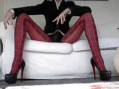 Red Tartan Tights and Extreme black girl goes wild Legs Show
