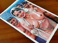 Erotic Art Or Drawing Of Sexy horny khitchen Woman getting wet with Four Men