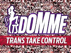 Busty brunette shemale in black dress gets a blowjob from a