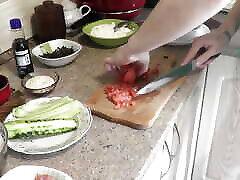 Nude Cooking. Naked beautiful sexy Milf in kitchen continues to cook. Natural tits. Ass. Pussy. Solo MILF. Handjob. Naked Woman