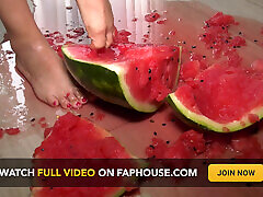 Busty MILF Presents Her Feet and Plays with a Watermelon