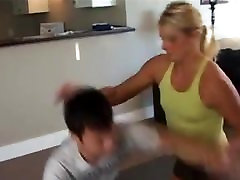 Blonde Wrestles and Crushes a Man, Mixed black lea gotti on the Mat with Scissors