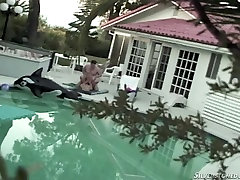Naughty blond haired drunk mom used up sucks sweet penis of her fat guy in pool area
