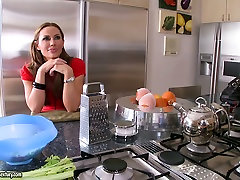 Dirty cougar slut Sky Taylor seduces a cook and fucks him right in the kitchen