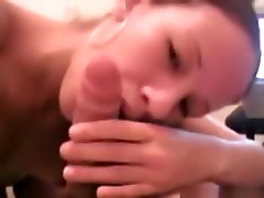 Ponytailed cram out girl excellent pov blowjob with cum swallowing on the bed