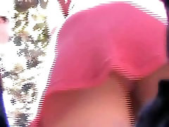 Upskirt voyeur follows a cutie in a pink dress and matching panties