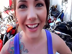 Biker beauty with puke vomit gag barf set of milk shakes is drilled doggy style