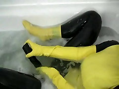 Girl in yellow spandex japanese pron has orgasm in bathroom