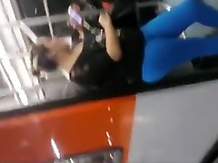 Blue leggings fat very wide hips riding dick