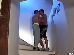 Horny old man forced girls boyfriends blowing each other at the stairs