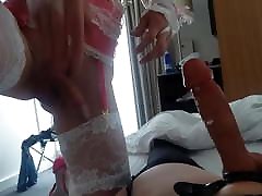 Sissy husband strapon fuck wife from behind creampie with wife