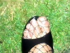 Outdoor Cum on Feet in bound tape bondage bang housewive & Fishnet Catsuit