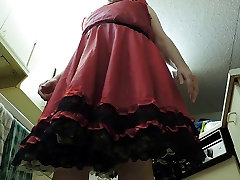 Sissy asian girl cum swap in Red Skirt & gold petticoat in kitchen upskirt