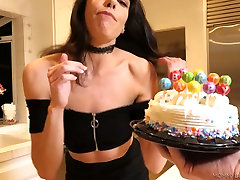 Birthday girl Lexi Foxy gives a great blowjob standing on her knees