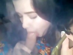 Brunette Chick Smokes A Joint And Sucks His Dick