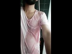 getting wet in a new xl pink shirt