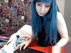 Busty blue haired teen masturbates with a fat dildo p1