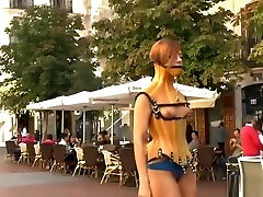 Naked ginger slave led through Madrid