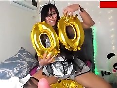 Sexy Asian in french sleeping nice tits outfit vibrating her pussy and blowing dildo