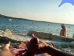 On a nude beach the wife stokes my cock while a home fun sex watches