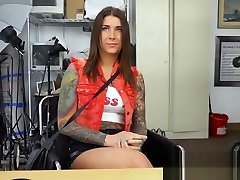 Amazing blowjob from a tattooed girl to a big massive cock during her puran hab teach job interview