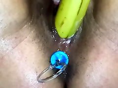 Amateur candy string Squirting fucking a Banana with Anal Beads