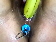 Amateur boob press vid Squirting fucking a Banana with Anal Beads