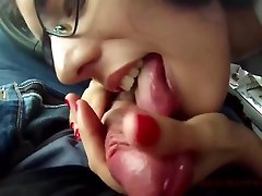 Pigtailed niki slim with glasses is sucking her secret lovers dick, while he is trying to drive