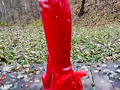 Lady L telugu xxxhajar walking with extreme red boots in forest.