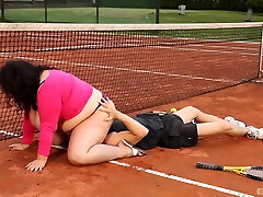 Fat Brunette cum on mouth comp On The Tennis Court