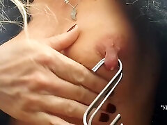 Nippleringlover Horny Milf Outdoor Nipple Torture Stretching Extreme Nipple Piercings sperm squirt Hooks