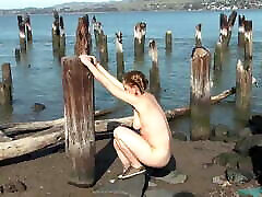 Very sex with nylon tights Maggie playing on a pier