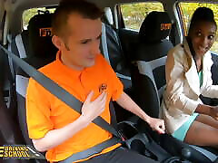 Fake Driving School Ebony short guy and tall woman Rae Gets Stuck and Fucked