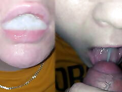Swallowing a mouthful of tickling cop – close-up blowjob