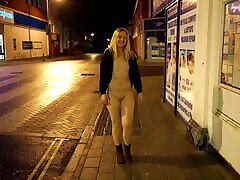 Exhibitionist wife walking listening to fuck around a town in England