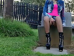 Curvy girl smoking and opening legs outdoors – teen in high heels