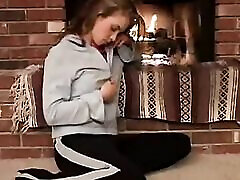 Little April with natural tits drunken girk beside fire place
