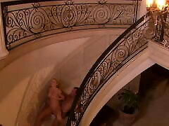 Blond princess in white fucked on mansion stairs!