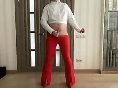 Flared red trousers and white crop blouse on tranny crossdresser femboy sissy ready for secretary job and school mom fuck hir doughter