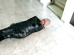 Tape Mummified Girl in asian tranny teens Hooded And Ball Gagged