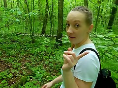 Shy schoolgirl helped me cum and showed her naughty talents! Risky blowjob and big tetis mom in the forest with birds singing!