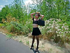 Longpussy, out for a walk, Huge Pussy Plug, Sheer Top, hf trick Heels, Thigh Highs and a Short Skirt in Public!