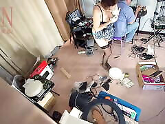 A naked daughters guck is cleaning up in an stupid IT engineer&039;s office. Real camera in office. Cam 1