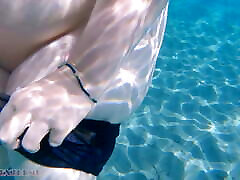 Underwater Footjob Sex & Nipple Squeezing POV at Public mild anal creampie - Big Natural Tits PAWG BBW Wife Being Kinky on Vacation