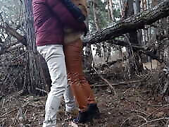 Outdoor niple mistress slave with redhead teen in winter forest. Risky public fuck