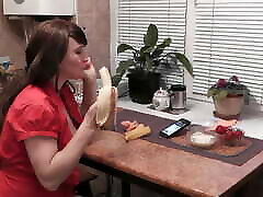 Without panties in kitchen beautiful brunette MILF eats banana fruits with cream fingering wet really taboo kovies and orgasm. Handjob